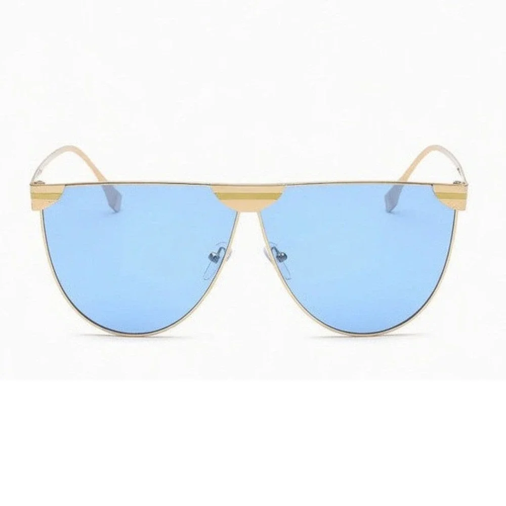 Mens‎ Gold Shield  Sunglasses Blue Tint Lens Flat Top Metal Frame Streetwear New